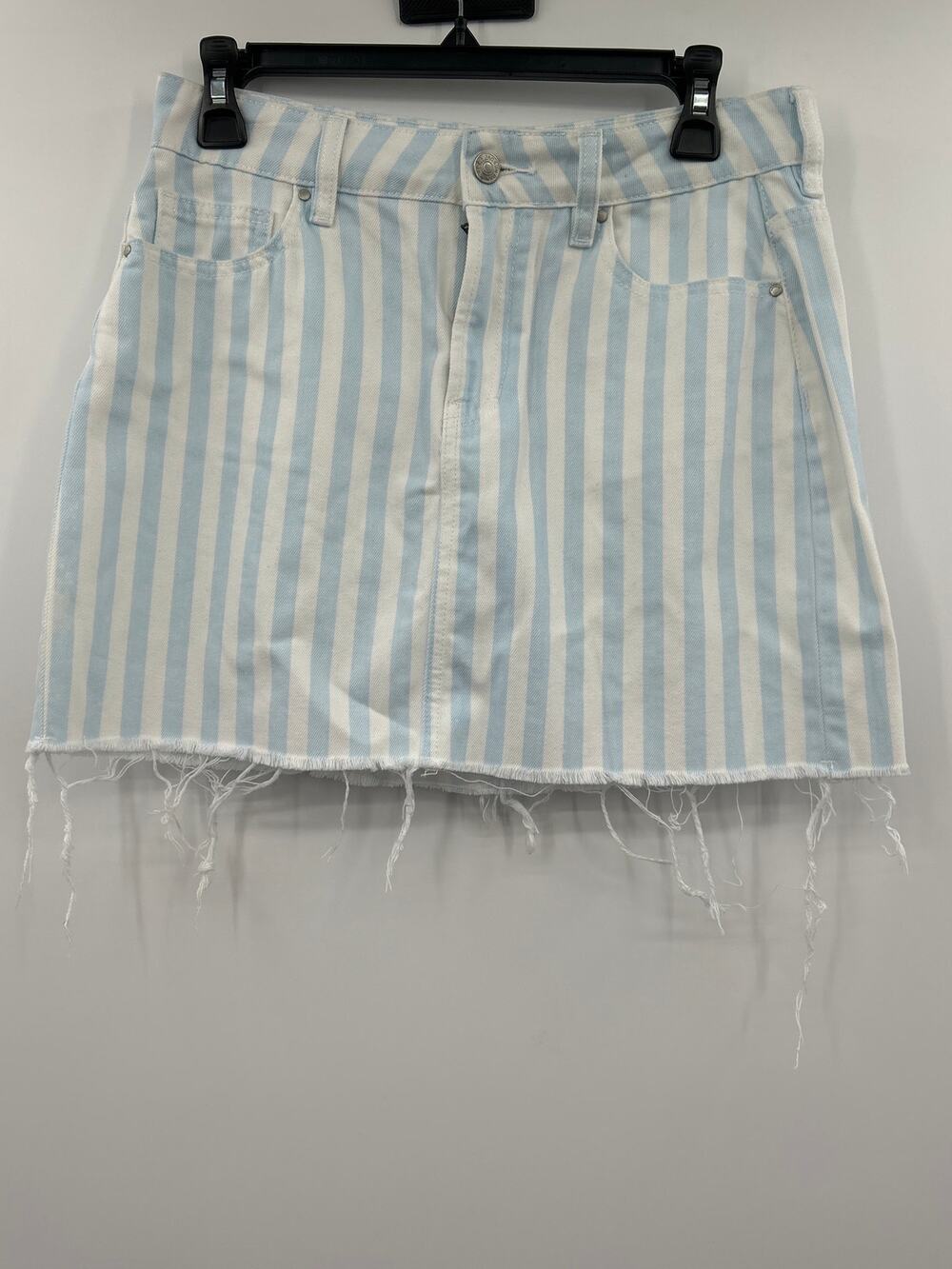 PacSun Striped Denim Mini Skirt Size 27 Blue White 100% Cotton Raw Hem Beachy